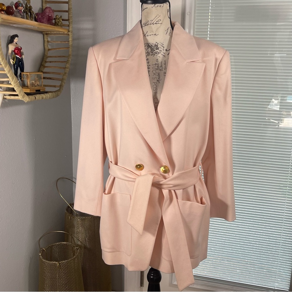 SOLD ESCADA Margaretha Ley 90’s Baby Pink Belted Dbl Breast Wool Cashmere Blazr - Picture 8 of 16